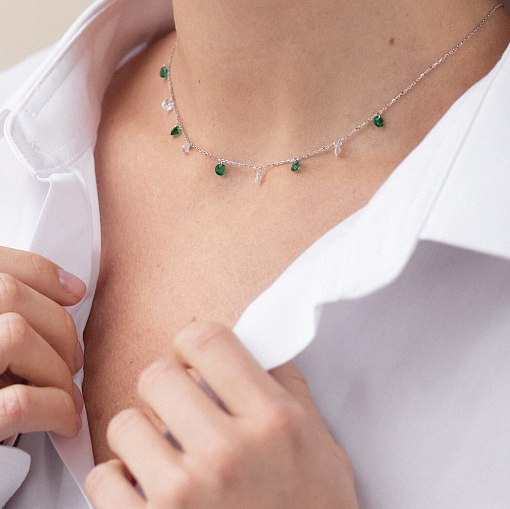 Колье в белом золоте (зеленые и белые фианиты) кол02307 8