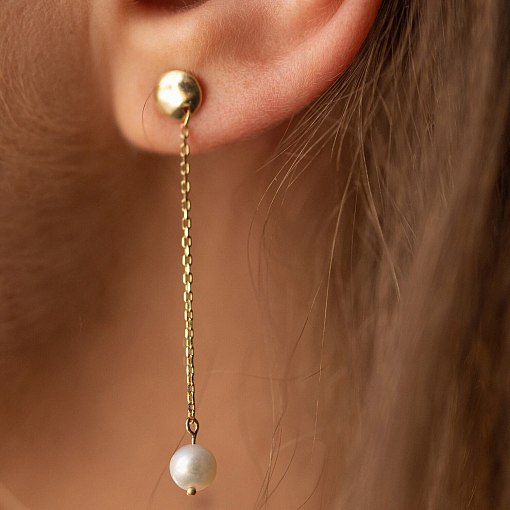 Серьги - пусеты "Жемчужина на цепочке" в желтом золоте с08293 4