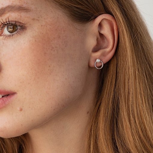 Серьги - пусеты "Круговорот" с жемчугом (белое золото) с08502 2