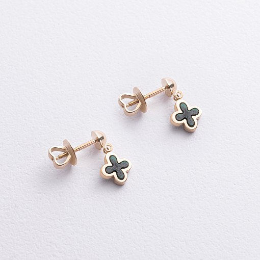 Золотые серьги - пусеты "Клевер" (малахит) с09273 2