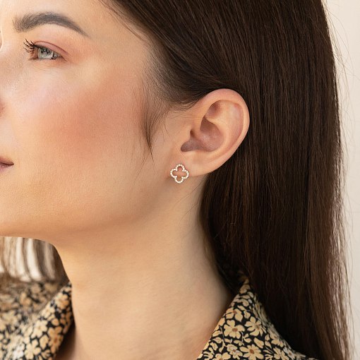 Серьги - пусеты "Клевер" с фианитами (желтое золото) с08436 3