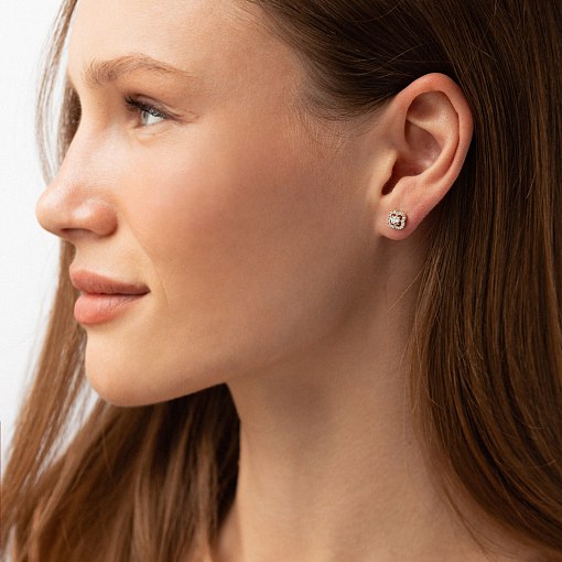 Серьги - пусеты "Клевер" с фианитами (желтое золото) с09176 3