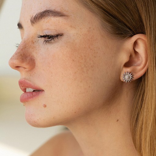 Серьги - пусеты "Подсолнухи" в белом золоте с08672 2