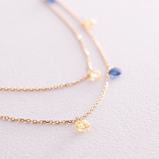 Двойное золотое колье "Украинка" (синие и желтые фианиты) кол02324 3