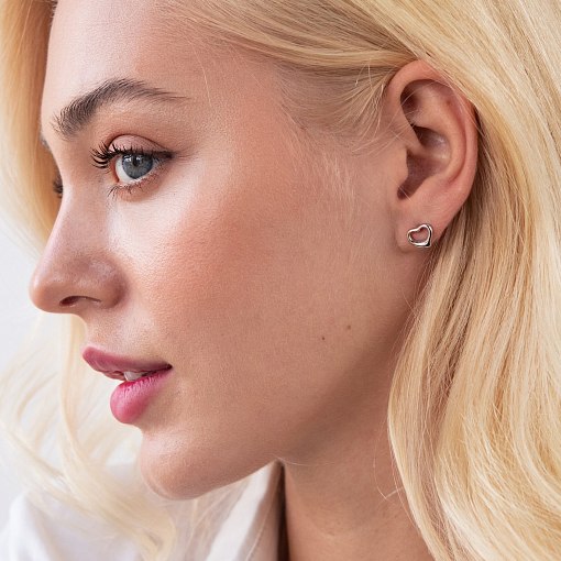 Серьги - пусеты "Сердечки" в белом золоте с07659 2