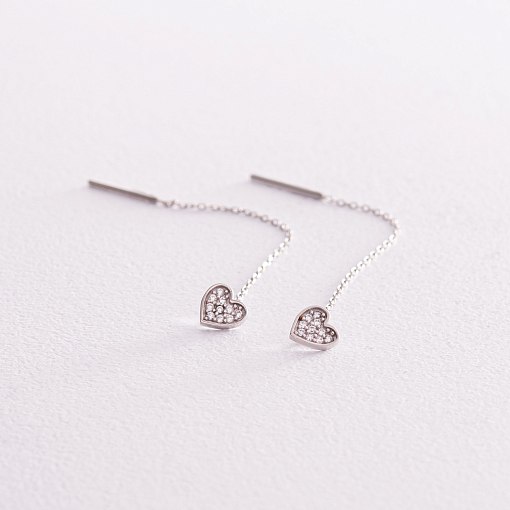 Серьги - протяжки "Сердечки" в белом золоте (фианиты) с08084 2