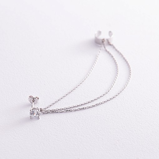 Серьга - каффа "Тринити" в белом золоте с цепочками (фианит) с08020 3