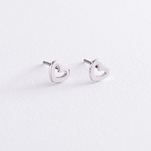 Серьги - пусеты "Сердечки" в белом золоте с06916