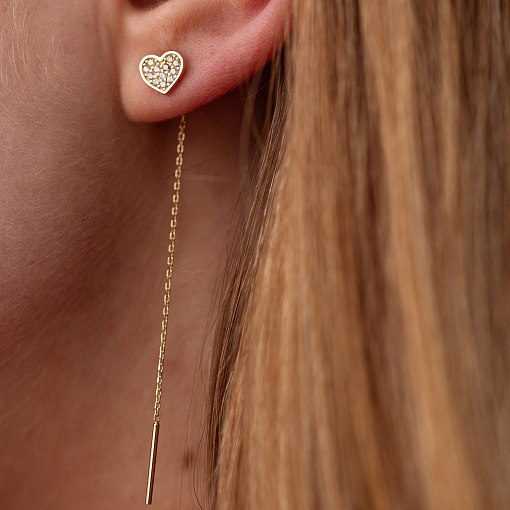 Серьги - протяжки "Сердечки" в желтом золоте (фианиты) с08069 2