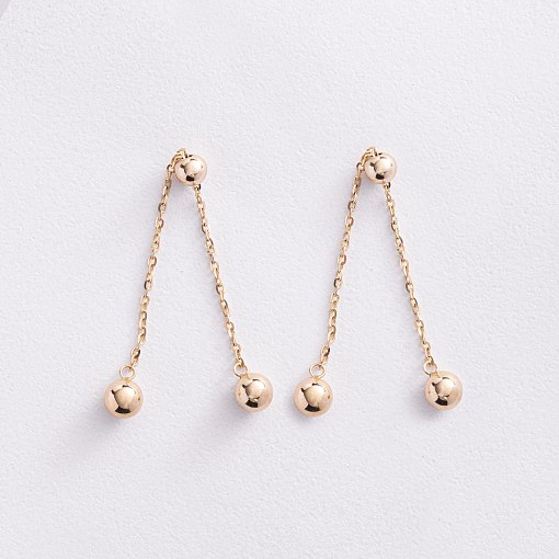 Серьги - пусеты с шариками на цепочке (желтое золото) 580142м 2