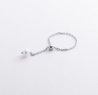 Кольцо "Жемчужина на цепочке" в белом золоте к08347 №2