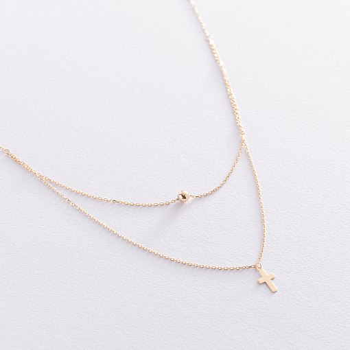 Двойное золотое колье "Крестик и шарик" кол01924