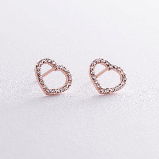 Золотые серьги - пусеты "Сердечки" с фианитами с08438 4