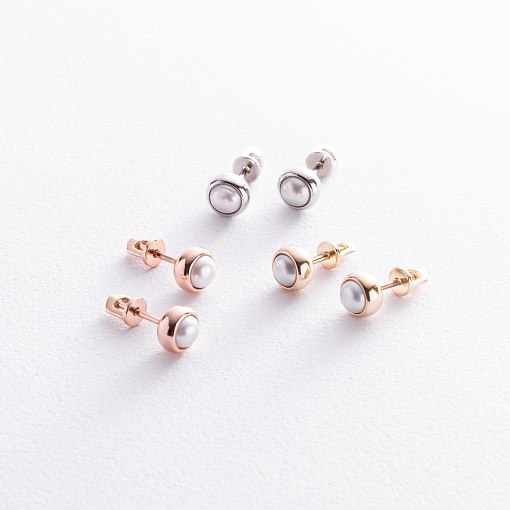 Серьги - пусеты с жемчугом (желтое золото) с08505 4