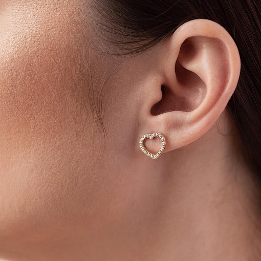 Золотые серьги - пусеты "Сердечки" с фианитами с08443 4