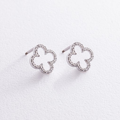 Золотые серьги - пусеты "Клевер" с фианитами с08284