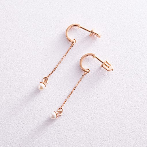 Золотые серьги - пусеты "Миранда" с жемчугом на цепочке с07939 5