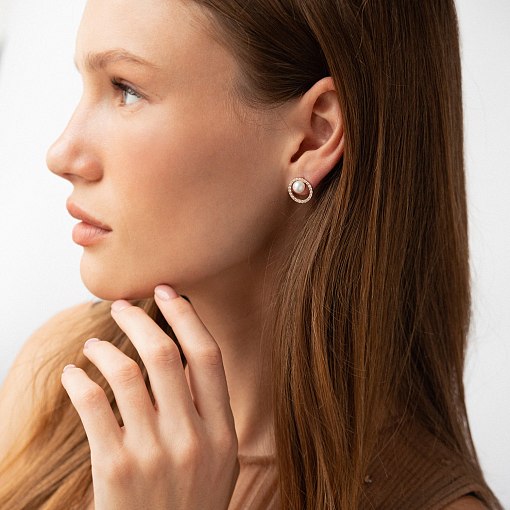 Золотые серьги - пусеты "Круговорот" (жемчуг, фианиты) с09178 4