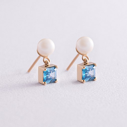 Золотые серьги - пусеты "Альма" (голубые фианиты, жемчуг) с08253 5