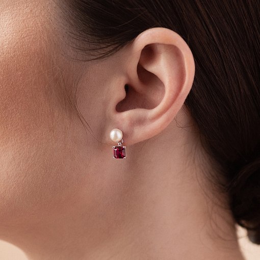 Золотые серьги - пусеты "Альма" (розовые фианиты, жемчуг) с08247 2