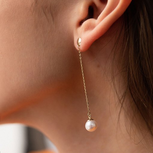 Серьги - пусеты "Жемчужина на цепочке" в желтом золоте с08294 2