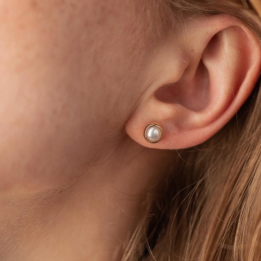 Серьги - пусеты с жемчугом (желтое золото) с08505 3