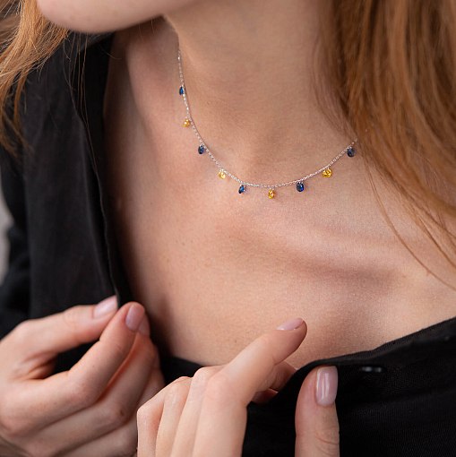 Колье "Украинка" в белом золоте (синие и желтые фианиты) кол02248 9