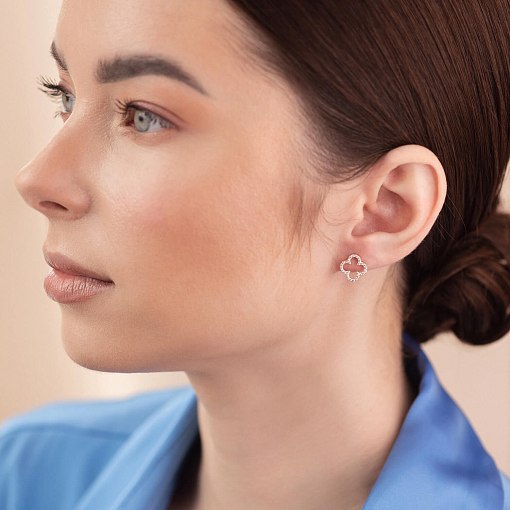 Серьги - пусеты "Клевер" с фианитами (желтое золото) с08436 5