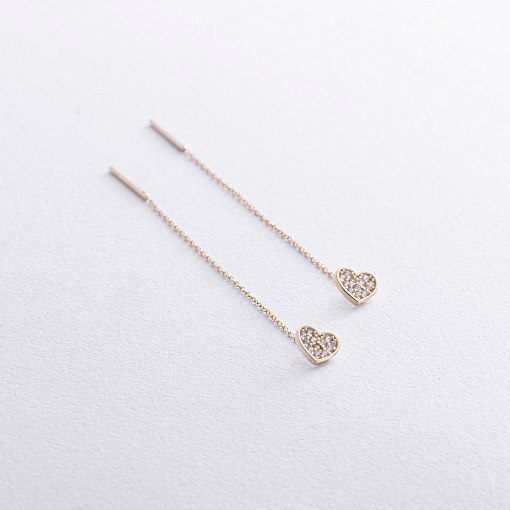Серьги - протяжки "Сердечки" в желтом золоте (фианиты) с08069 5