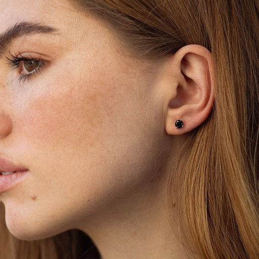 Серьги - пусеты с черными фианитами (красное золото) с08300 2