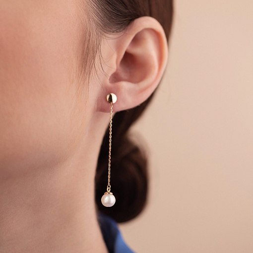 Серьги - пусеты "Жемчужина на цепочке" в красном золоте с08315