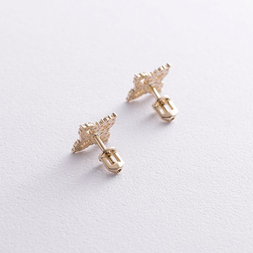 Серьги - пусеты "Клевер" с фианитами (желтое золото) с08621 5