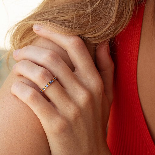 Каблучка з доріжкою блакитного та жовтого каменів (червоне золото) 815к 4