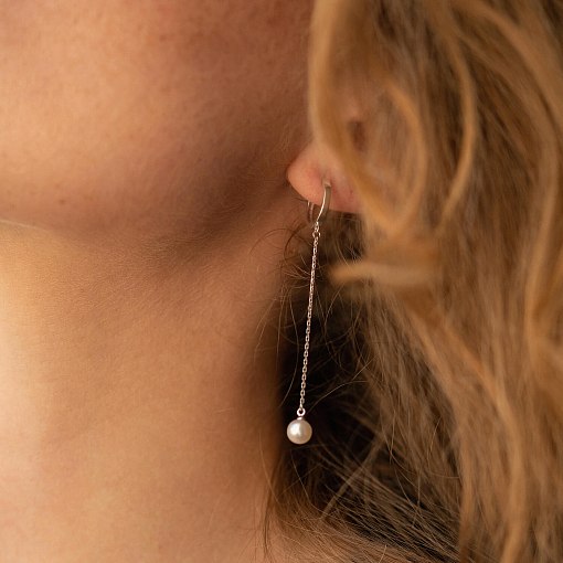 Серьги - кольца "Жемчужина на цепочке" в белом золоте с08357 9