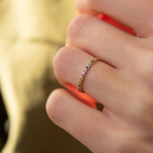 Каблучка з різнокольоровими фіанітами (жовте золото) к07162 4