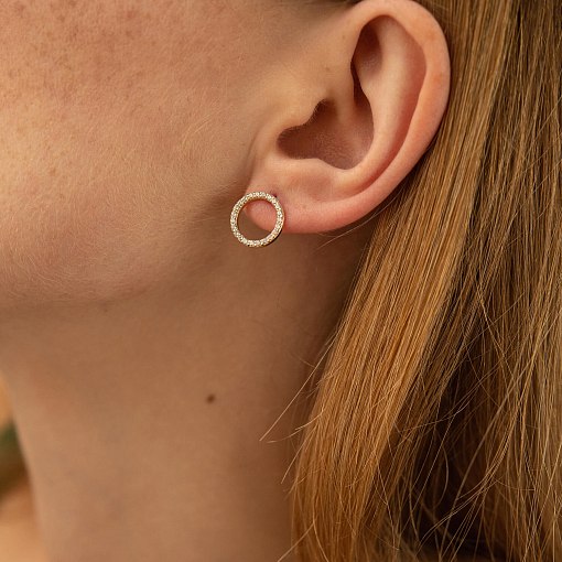 Серьги - пусеты "Круговорот" с фианитами 1.2 см (желтое золото) с08399 10