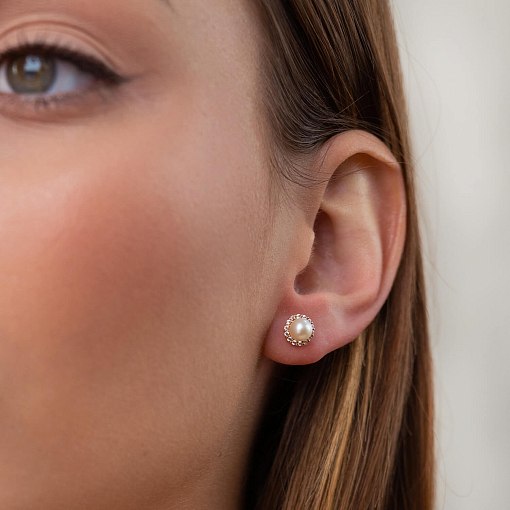 Золотые серьги - пусеты с жемчугом и фианитами с08167 4