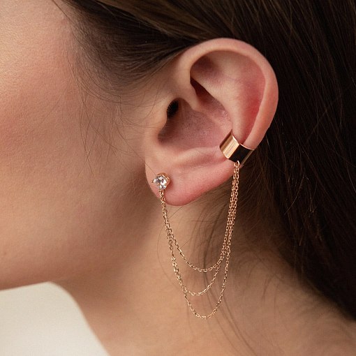 Серьга - каффа "Тринити" в красном золоте с цепочками (фианит) с08019 4