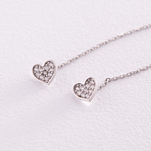 Серьги - протяжки "Сердечки" в белом золоте (фианиты) с08084 4