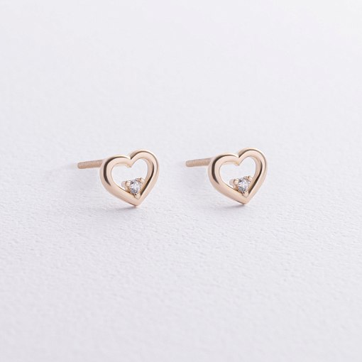 Серьги - пусеты "Сердечки" в желтом золоте (фианиты) с08614