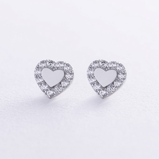 Серьги - пусеты "Сердечки" с фианитами (белое золото) с08111