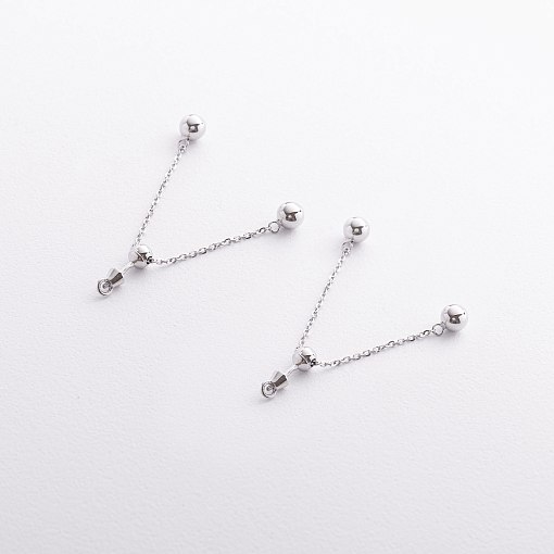 Серьги - пусеты с шариками на цепочке (белое золото) 580142в 2