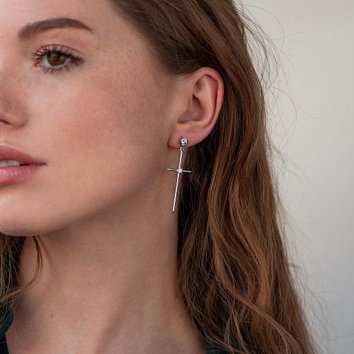 Серьги - пусеты "Кресты" в белом золоте (фианиты) с07368 2