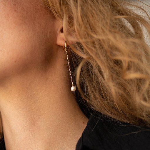 Серьги - кольца "Жемчужина на цепочке" в желтом золоте с08356 7