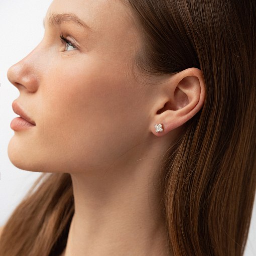 Серьги - пусеты "Fleur" с фианитами (желтое золото) с09147 4