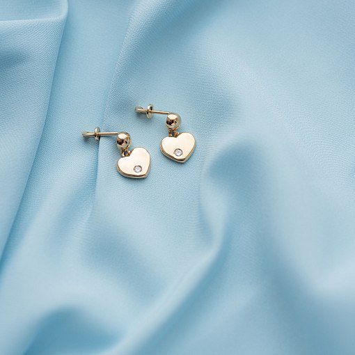 Золотые серьги - пусеты "Сердечки" с фианитами с07011