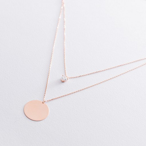 Колье "Монета" с фианитом в красном золоте (возможна гравировка) кол01681 2