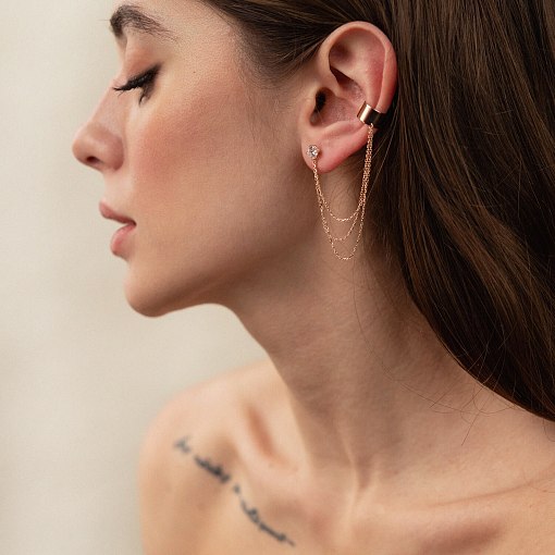 Серьга - каффа "Тринити" в красном золоте с цепочками (фианит) с08019 3