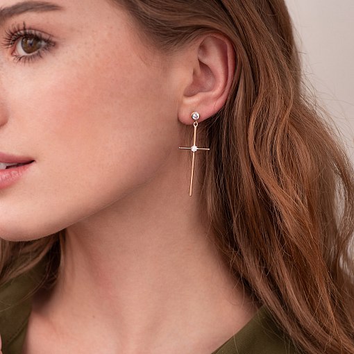 Серьги - пусеты "Кресты" в красном золоте (фианиты) с07362 3