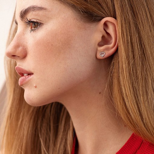 Серьги - пусеты "Сердечки" в белом золоте (фианиты) с08474 5